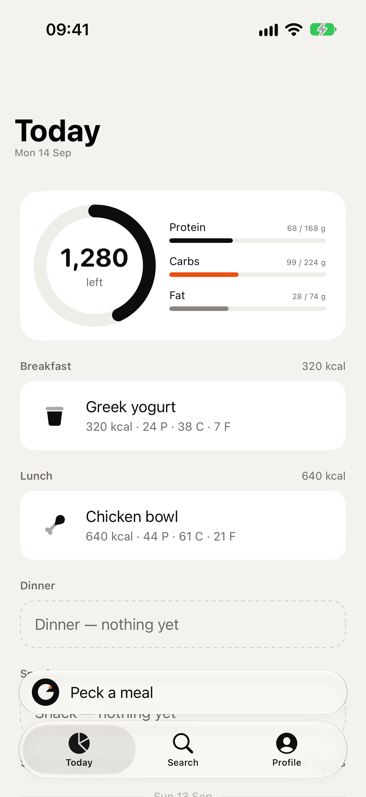 Peckt's Today screen: a ring showing 1,280 calories left, protein, carbohydrate and fat against their targets, and the day's meals listed underneath.